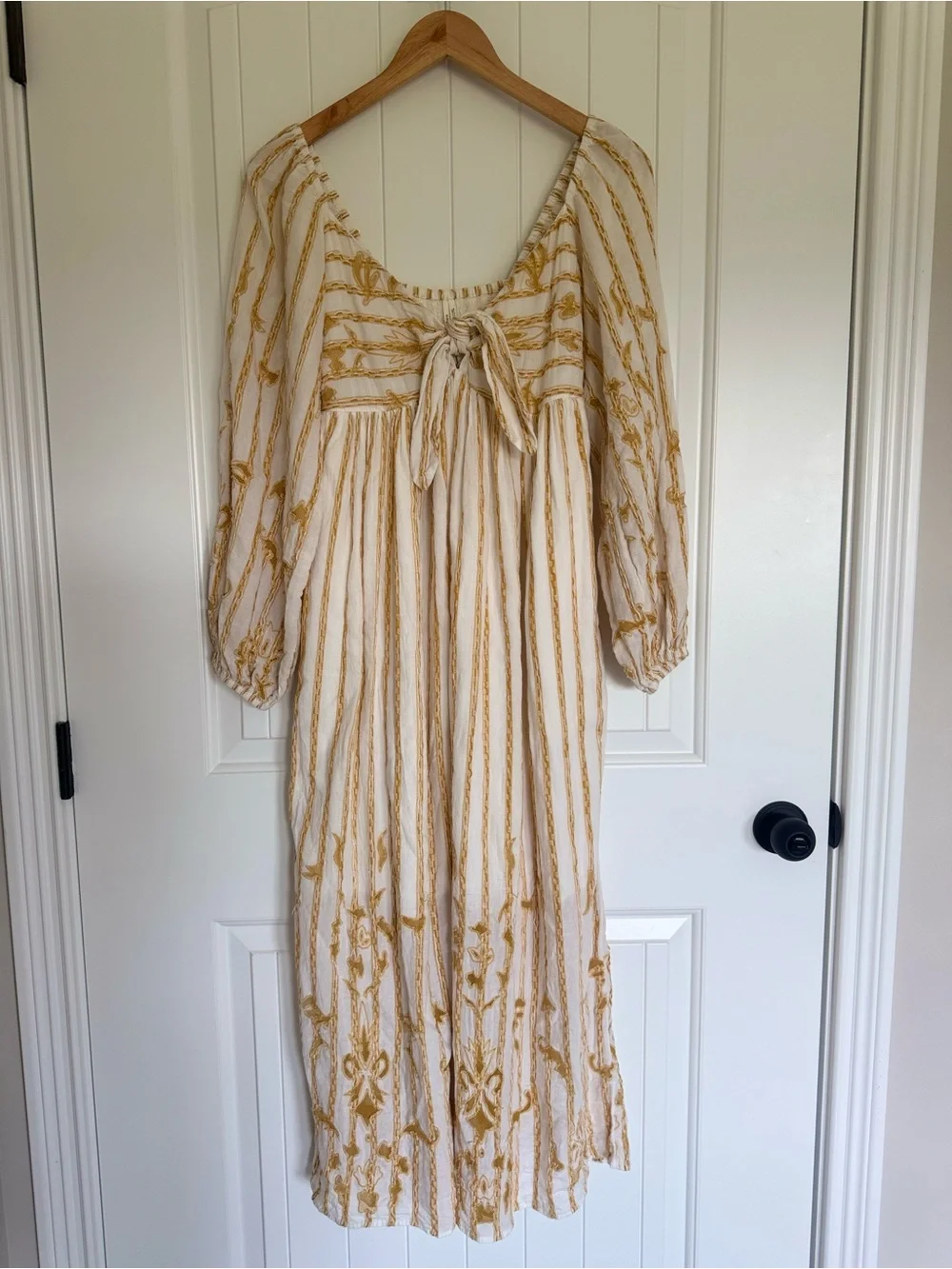 Anthropologie Embroidered Sweetheart Maxi Dress Ivory Gold Boho Balloon Sleeve S - Picture 2 of 14